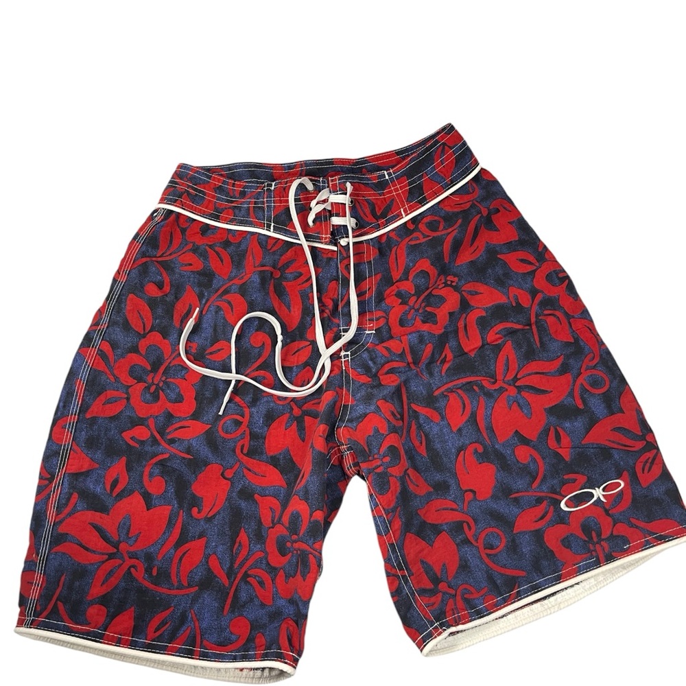 Vintage OP ocean pacific swim trunks 24” red and blue Hawaiian